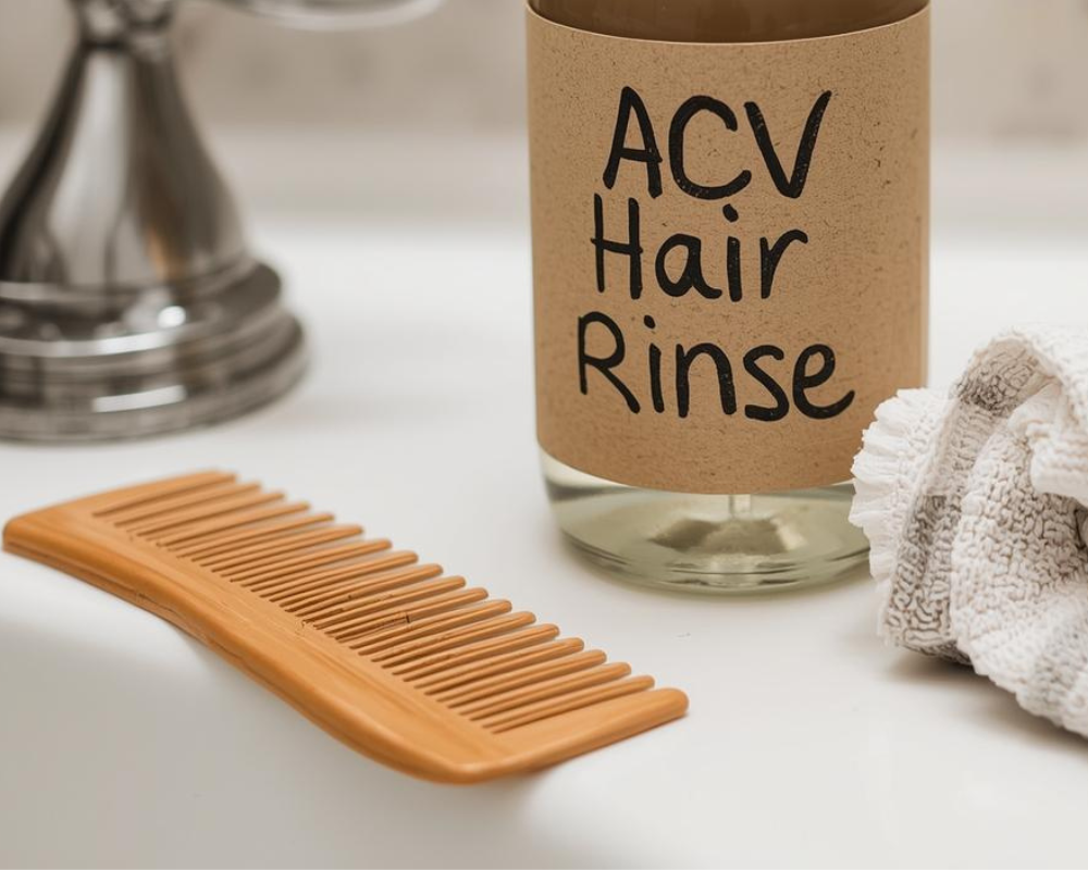 a comb sits on a bathroom counter next to a solution in a bottle labeled "ACV Hair Rinse"