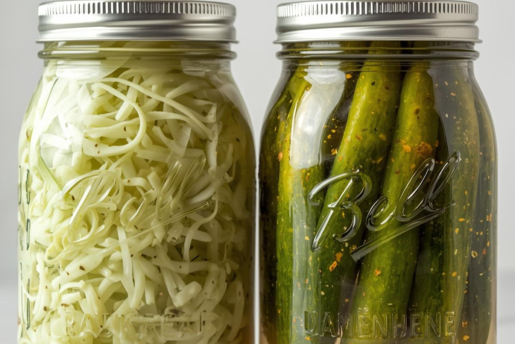 Side by side jars of lacto-fermented cabbage and vinegar-fermented cucumbers as comparison of processes.