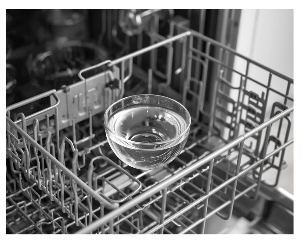 Bowl of vinegar sitting in an open dishwasher and ready to begin eliminating mold and fungi.