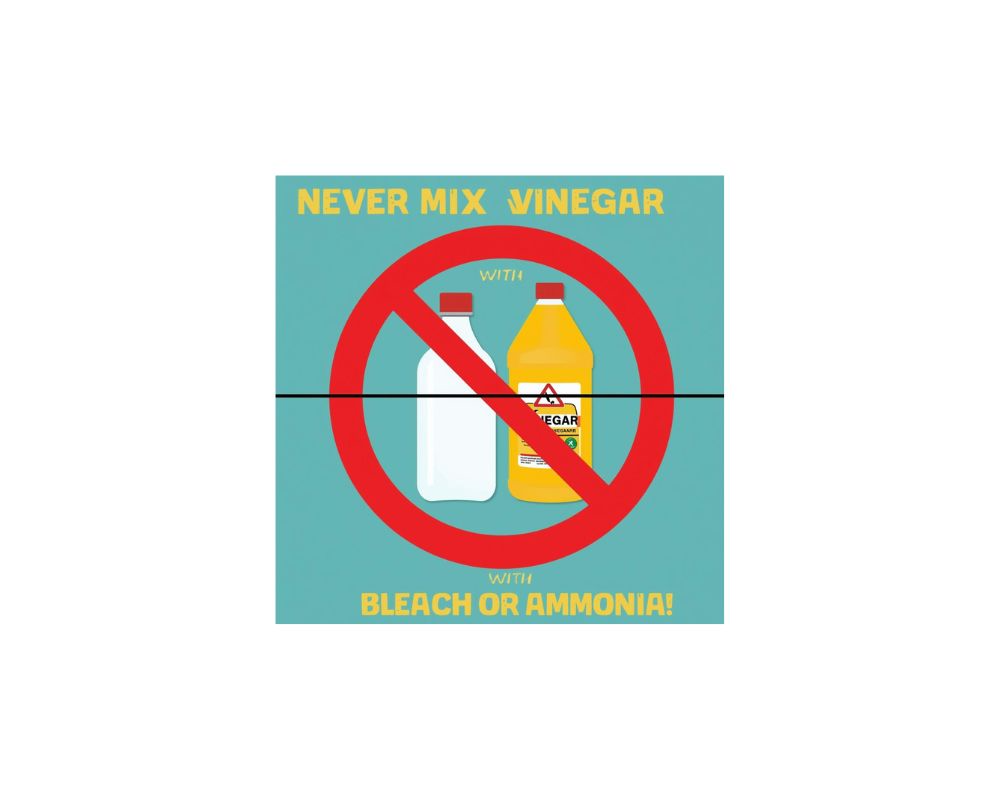 Graphic showing vinegar and bleach bottles with red X between them.