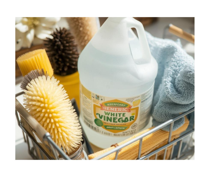 vinegar supplies like brushes, cloth and jug of white vinegar in cleaning caddy