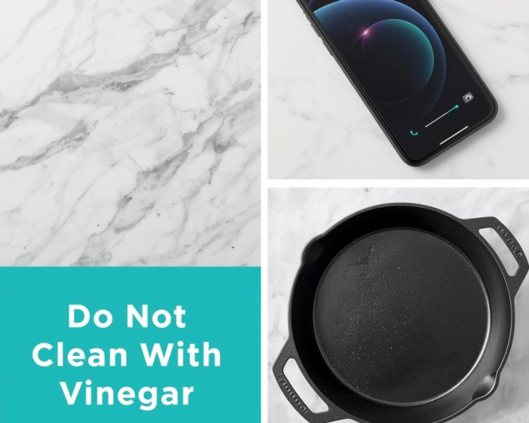 Vinegar and Pets: Pet-Safe Vinegar Cleaning Tips for a Fur-Filled Home an image reinforcing what not to clean with vinegar that includes a stone counter, smart phone, and a cast iron pan