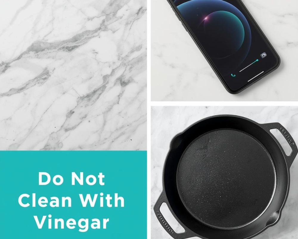 Marble countertops, smartphone screens, and cast-iron pans shown as surfaces you should not clean with vinegar