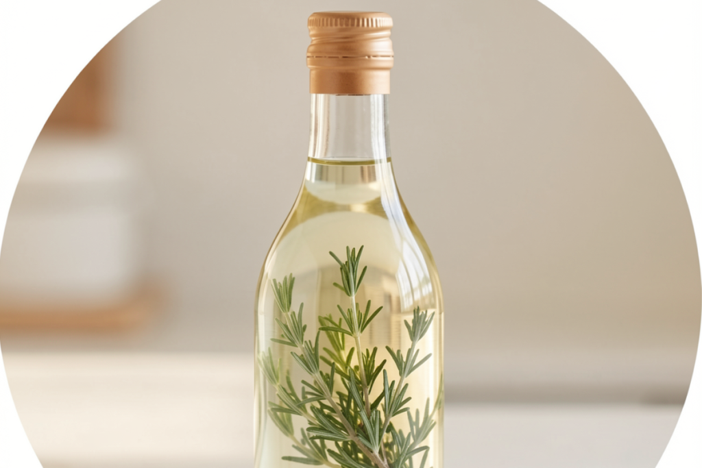 bottle of white wine vinegar infused with herbs.