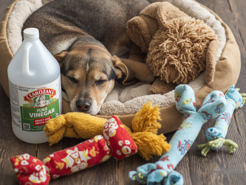 Vinegar and Pets: Pet-Safe Vinegar Cleaning Tips for a Fur-Filled Home a dog rests comfortably in a clean dog bed surrounded by clean cloth chew toys and a jug of vinegar