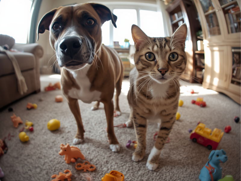 Vinegar and Pets: Pet-Safe Vinegar Cleaning Tips for a Fur-Filled Home guilty dog and guilty cat caught in the act of making a mess