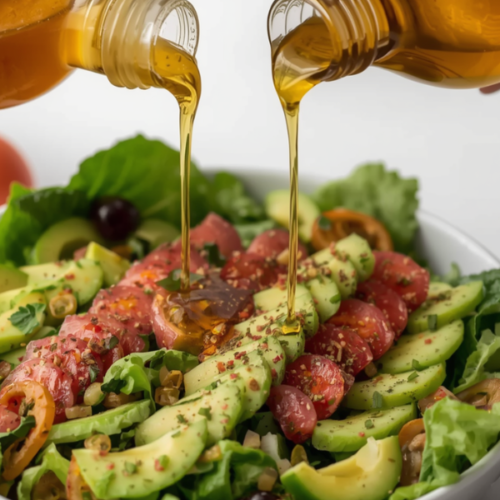 apple cider vinegar and olive oil being drizzled over a healthy looking salad of greens, avocado and tomato