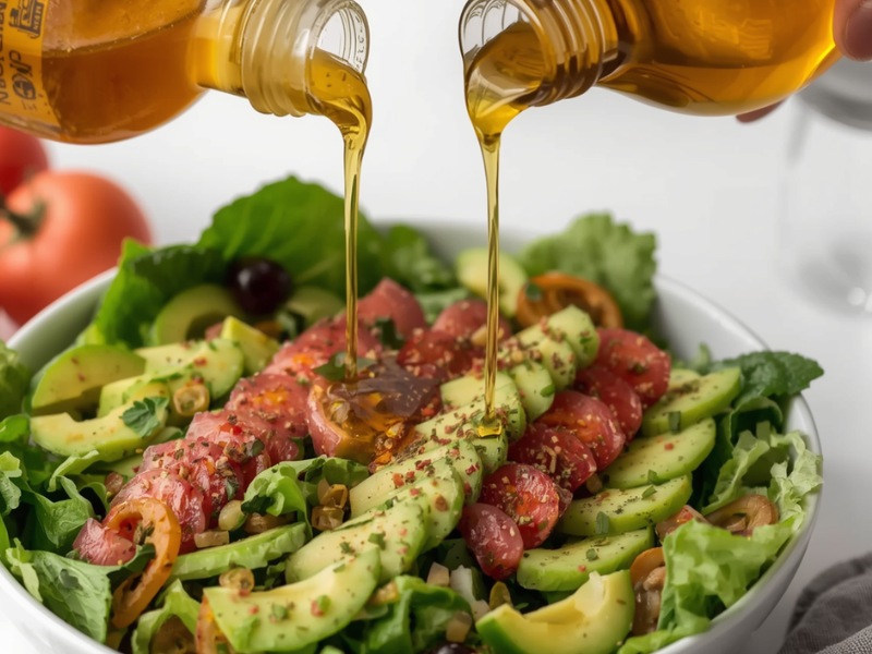 apple cider vinegar and olive oil being drizzled over a healthy looking salad of greens, avocado and tomato