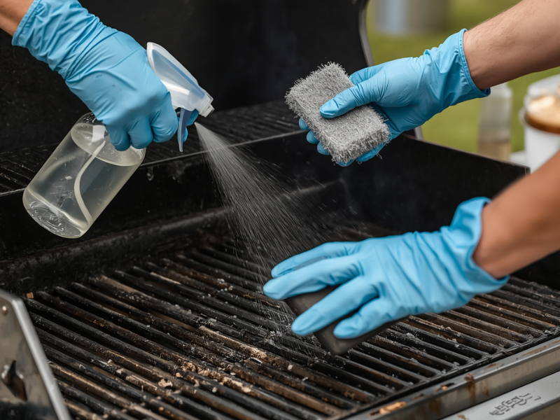 Vinegar Marinades for Winter Grilling (Plus Natural Grill Cleaning Tips) one person with a cleaning glove sprays vinegar solution out of spray bottle while another person uses gloved hands to clean grill with steel wool