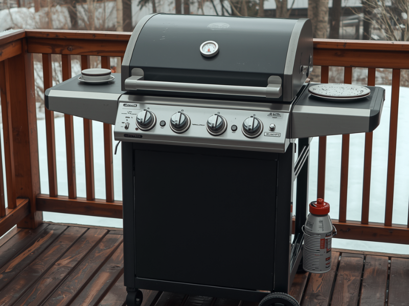 Vinegar Marinades for Winter Grilling (Plus Natural Grill Cleaning Tips) a gas grill sits on a wooden patio with a wooden background with plates on each side ledge and a thermometer indicating grill is cooking