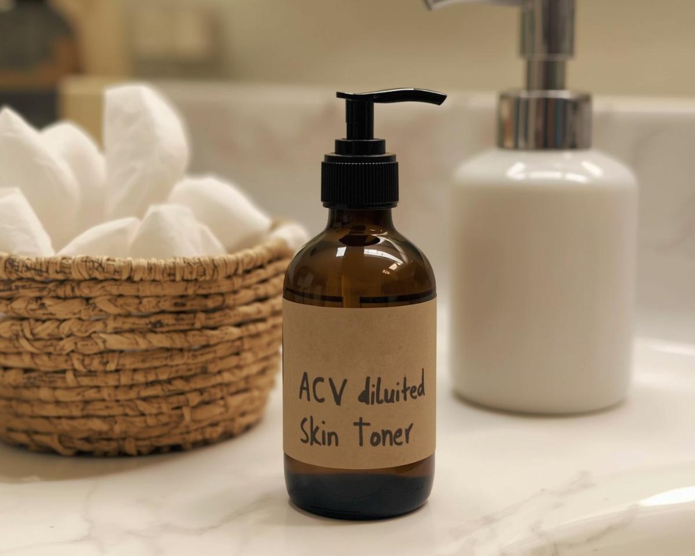 Bottle of diluted apple cider vinegar skin toner with reusable cotton rounds on a vanity.