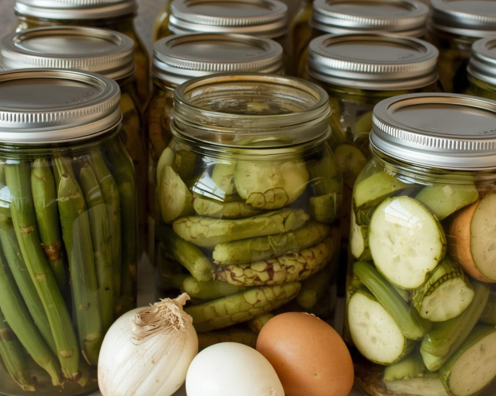 collection of pickled vegetables in jars and raw garlic and raw eggs
