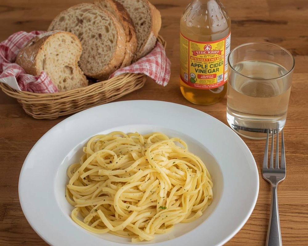 heavy carb meal with italian bread and linguini with a bottle of apple cider vinegar and a glass of water.