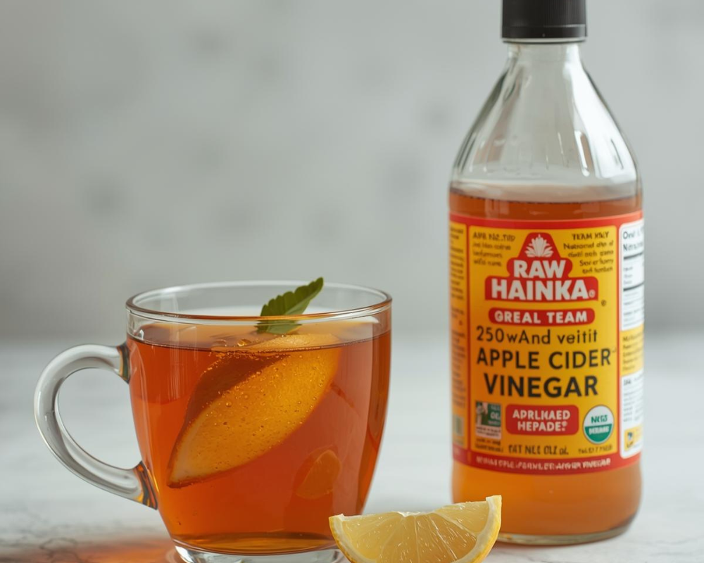 Mug of warm apple cider vinegar and honey drink with lemon as a simple sore throat soother.