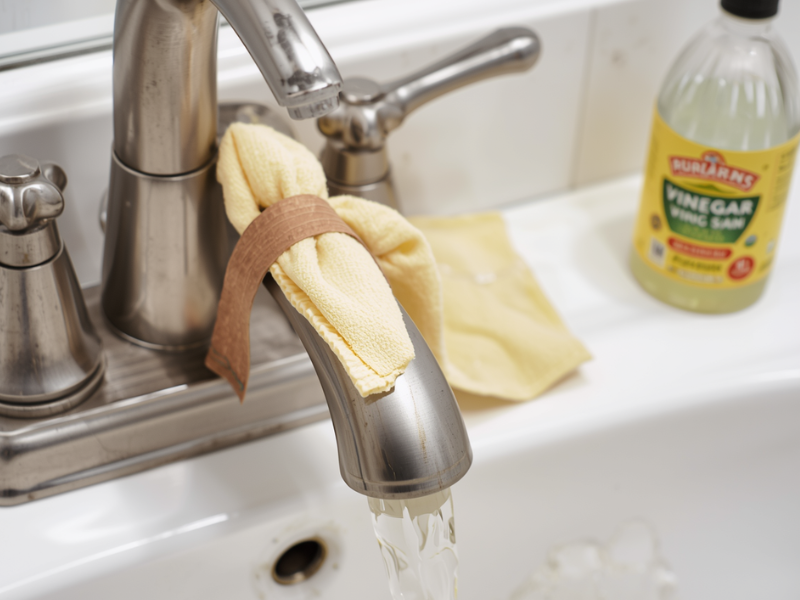 a bathroom faucet has a vinegar-soaked microfiber cloth wrapped around it and a small bottle of vinegar sitting beside it