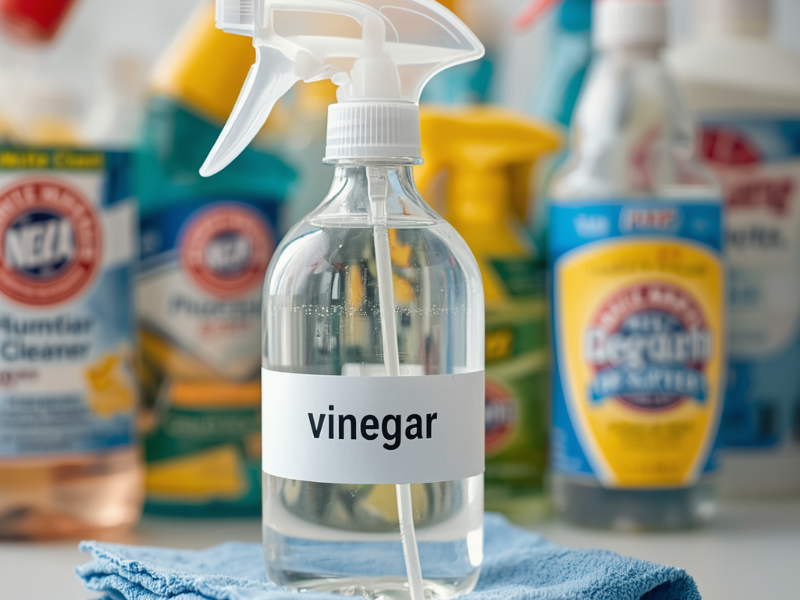 a spray bottle labeled vinegar sits front and apart from a collection of chemical cleaners.