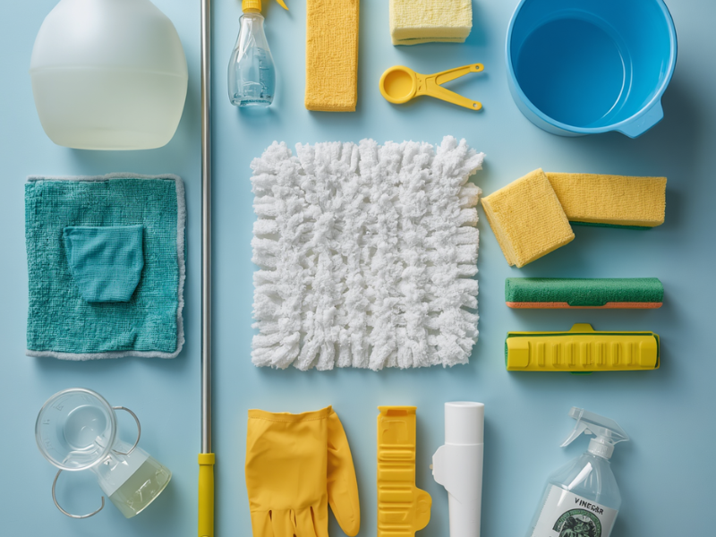 all the tools a person needs to clean a bathroom with vinegar including microfiber mop and cloth, rubber gloves, sponges, spray bottles and vinegar