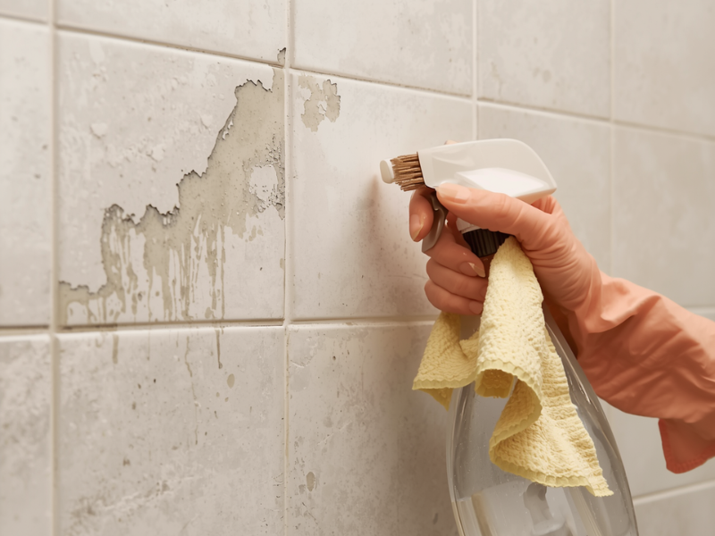 a person uses a spray bottle containing vinegar to clean mold on a shower wall tile.