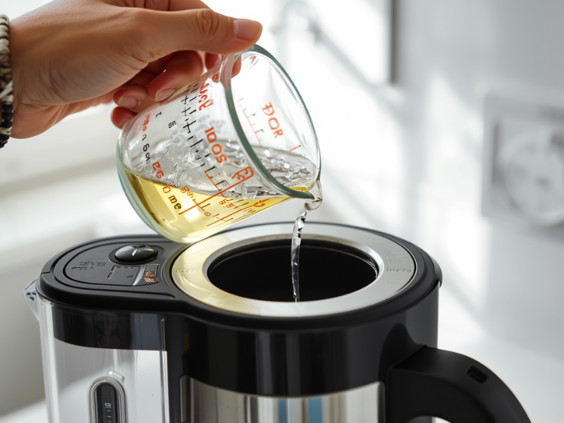 How to Descale with Vinegar: Coffee Makers, Kettles, and More person is pouring vinegar from a measuring cup into the reservoir of a coffee maker