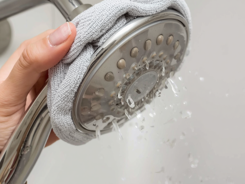 How to Descale with Vinegar: Coffee Makers, Kettles, and More a shower head with mineral deposits is wrapped in a vinegar-soaked microfiber cloth