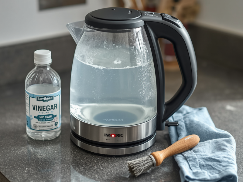 How to Descale with Vinegar: Coffee Makers, Kettles, and More an electric kettle holding vinegar solution siting on a counter next to a bottle of vinegar, a brush and microfiber cloth