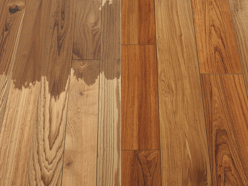 a comparison of a hardwood floor damaged by vinegar cleaning and a hardwood floor cleaned properly