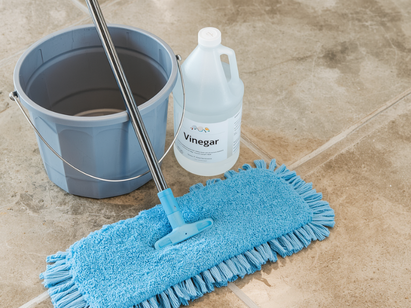 closeup overhead virew of a microfiber mop, jug of vinegar and empty bucket