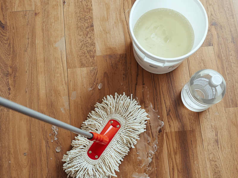 overhead of wetmop swabbing a wood plank floor with bucket and vinegar bottle nearby