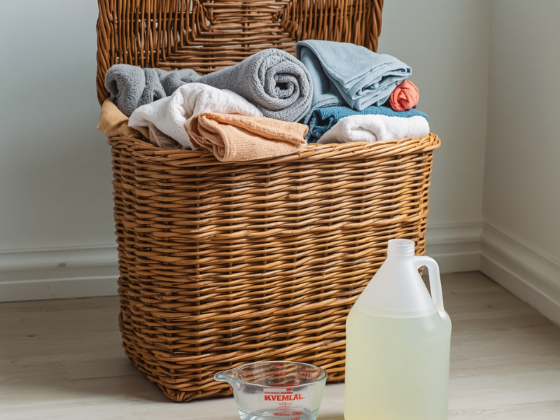 A hamper full of dirty towels is ready for the laundry with a jug of white vinegar and measuring cup on floor in front of it.
