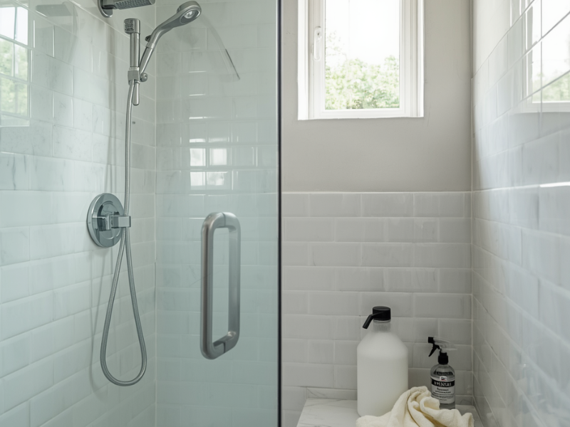 a sparkling clean bathroom shower with clean glass door and jug of vinegar and cleaning supplies sitting on shower ledge
