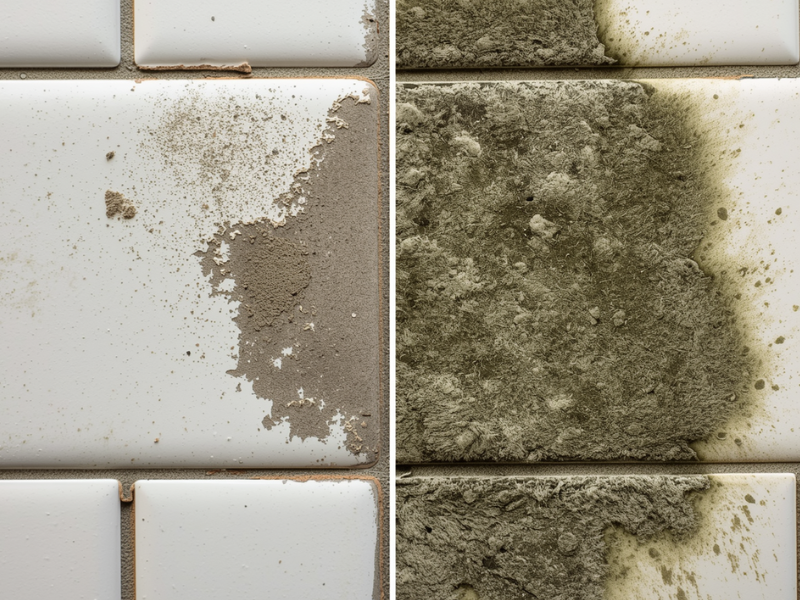 a comparison of a mild mildew buildup on a tile and more severe growth of mold