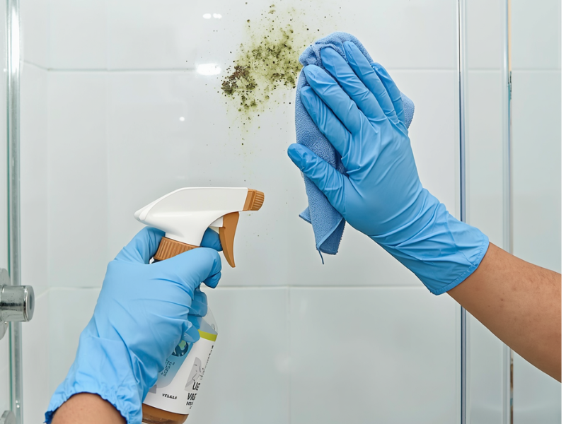 a person is cleaning mildew buildup off glass shower door using vinegar spray and wearing rubber gloves