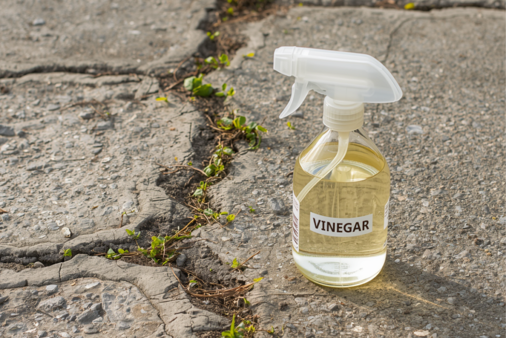 using a vinegar weed spray to spot-treat weeds between patio pavers