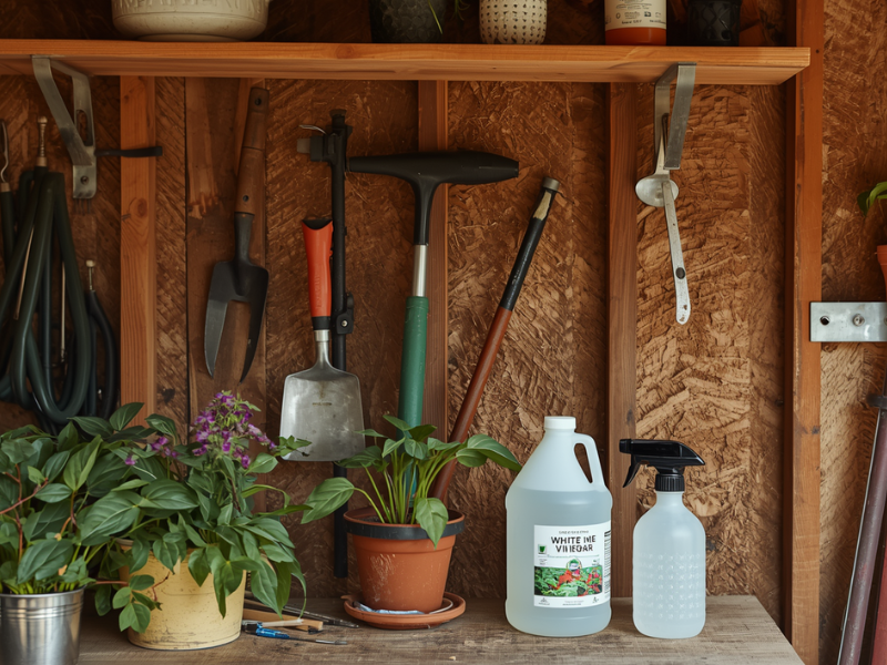a jug of white vinegar sits on a work bench in a garden shed along side a spray bottle and potted plants with tools hanging in background