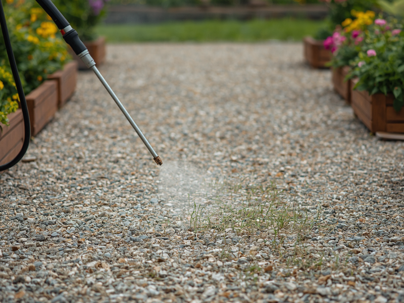 a person is spraying weeds appearing in a gravel pathway between two floor beds that are not being sprayed