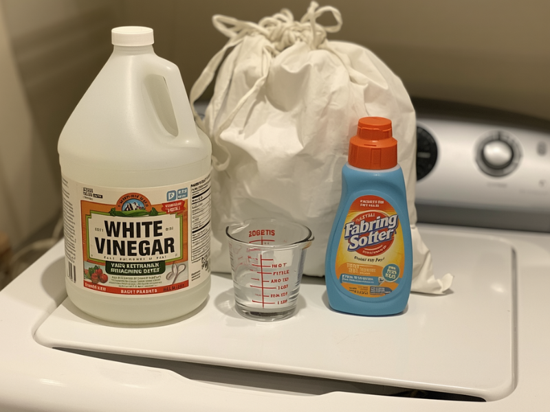 a jug of white vinegar with a small measuring cup and bottle of fabric softener sitting on washer with laundry bag