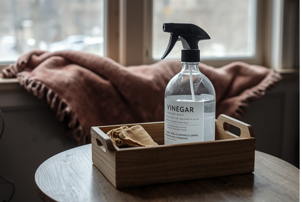 winter vinegar cleaning caddy with spray bottle and cloth in a cozy living room.