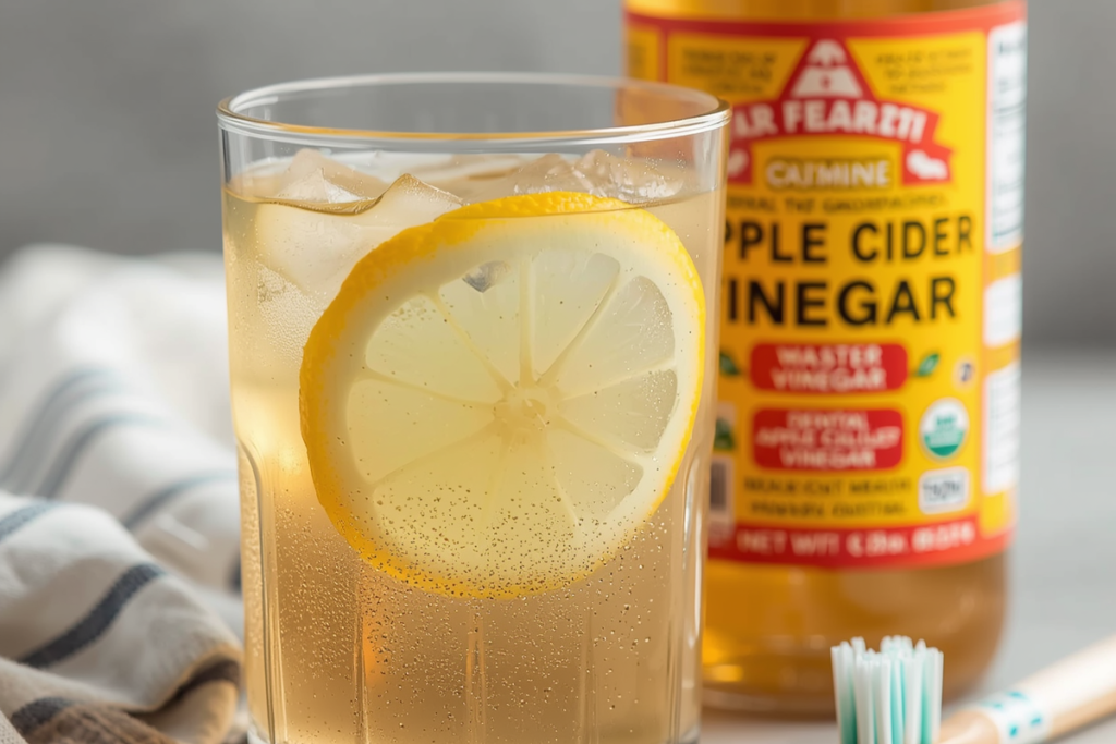 refreshing mixture of sparkling water and apple cider vinegar with a toothbrush on hand for later