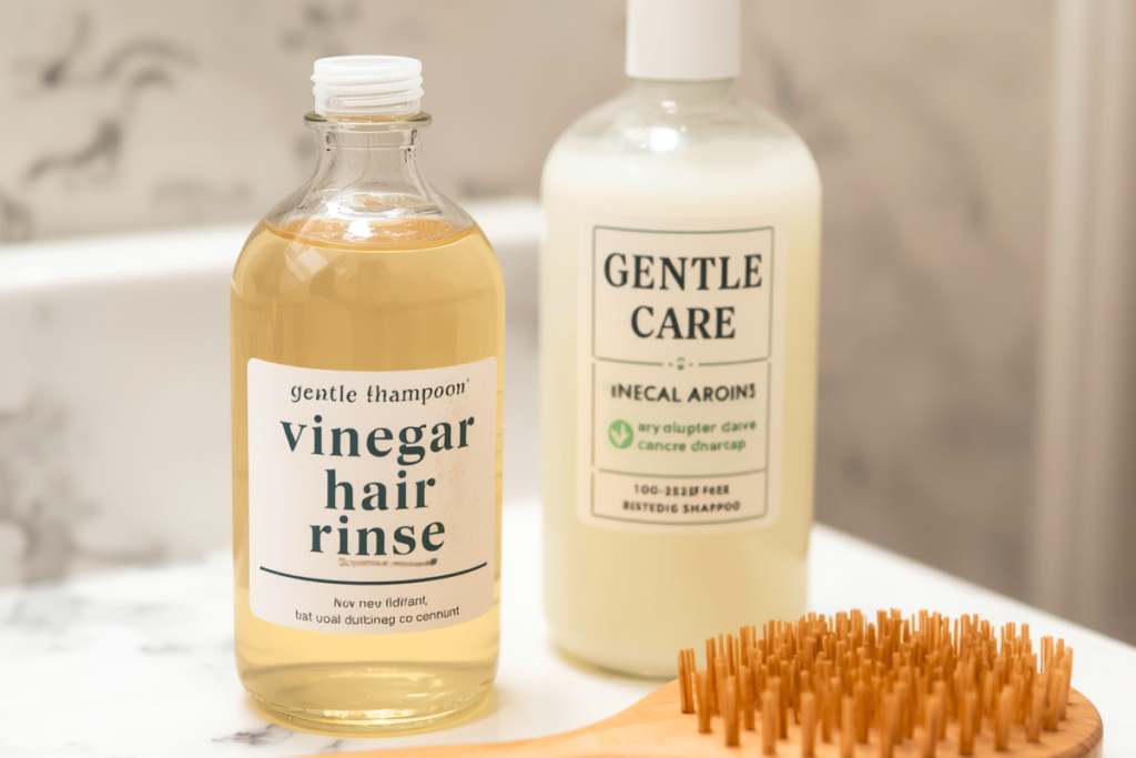 Bathroom counter with a vinegar rinse bottle labeled 'vinegar hair rinse', shampoo bottle labeled 'Gentle Shampoo', and a soft brush laid out together to indicate that  How to Pair Rinses With Other Scalp‑Care Steps and that Vinegar rinses are just one piece of scalp care by showing how combinations of gentle vinegar rinses with other steps like mild shampoo to show that leaning on vinegar alone for dandruff or itchiness may not be enough. It’s about building a more balanced 
