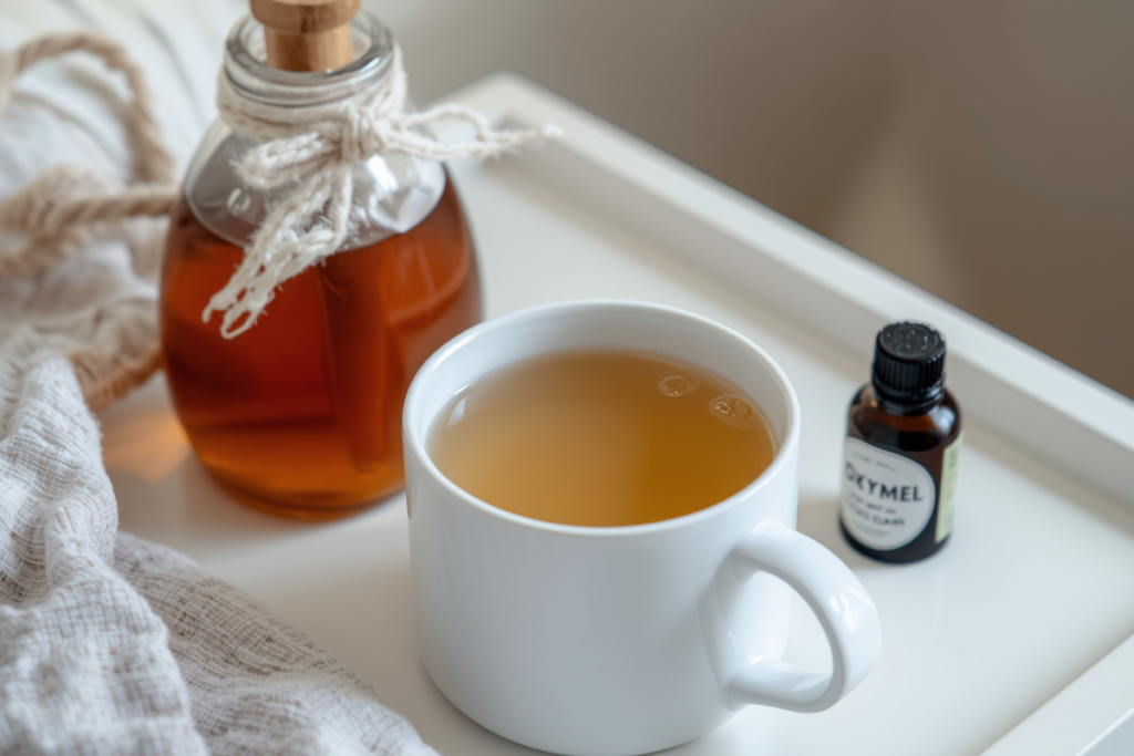 warm oxymel and honey drink for sore throat on bedside table