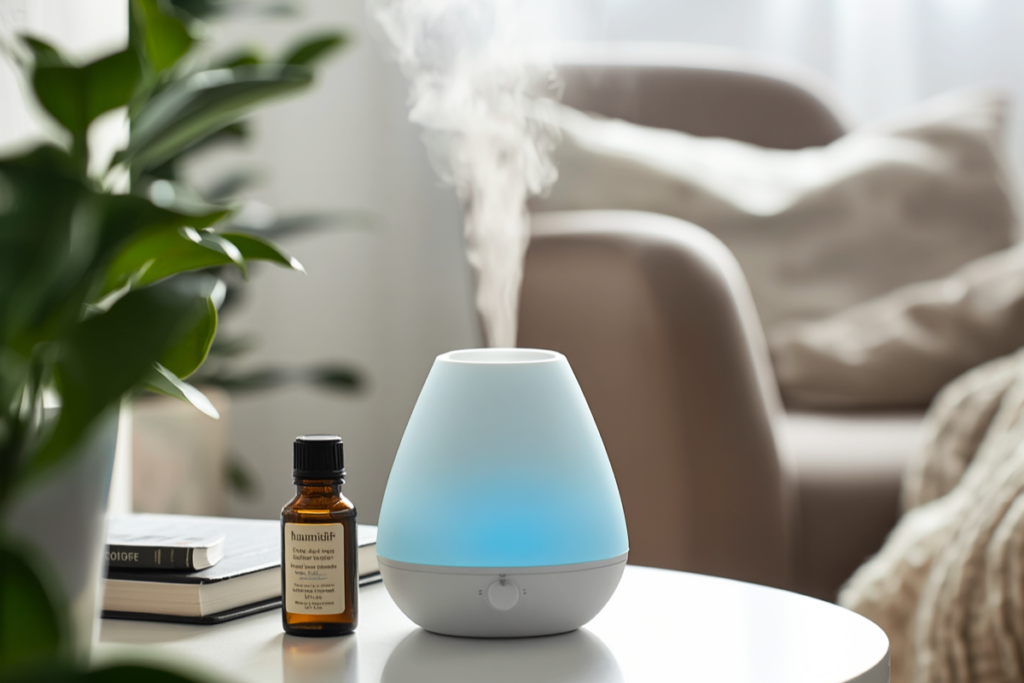 Humidifier emitting mist in a clean living room with plant, bottle of essential oil, and books stacked  nearby and cozy chair blurred in background.