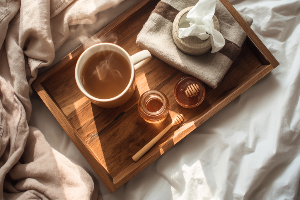 Tray holding a mug, honey, a scarf, tissues, and a small vinegar bottle, suggesting a mix of comforts.