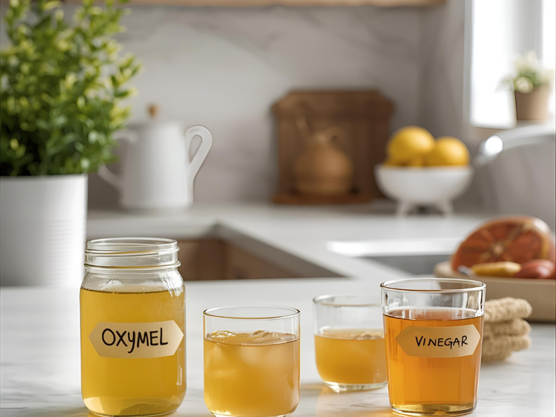 jar of golden-colored oxymel with two filled juice glasses and a small jar containing vinegar