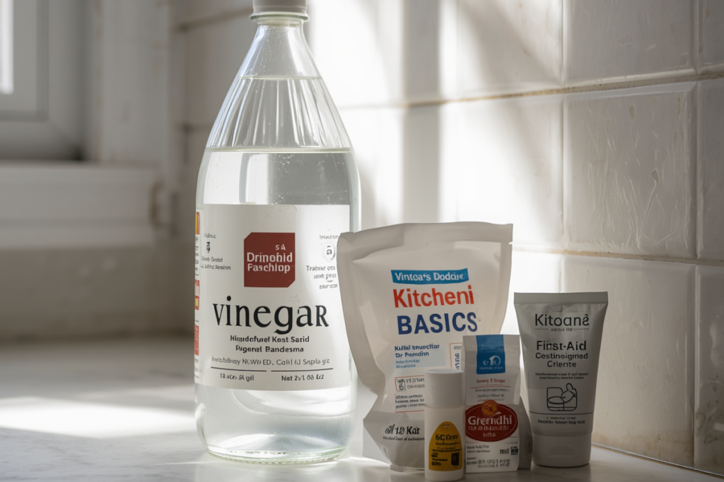 Bottle of vinegar on a kitchen counter next to simple first‑aid basics (bandages, small cream tube), hinting “kitchen vs. kit.”