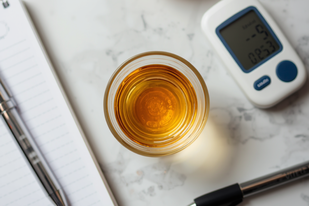 Glass of diluted apple cider vinegar beside a blood glucose meter and notebook on a kitchen table.
