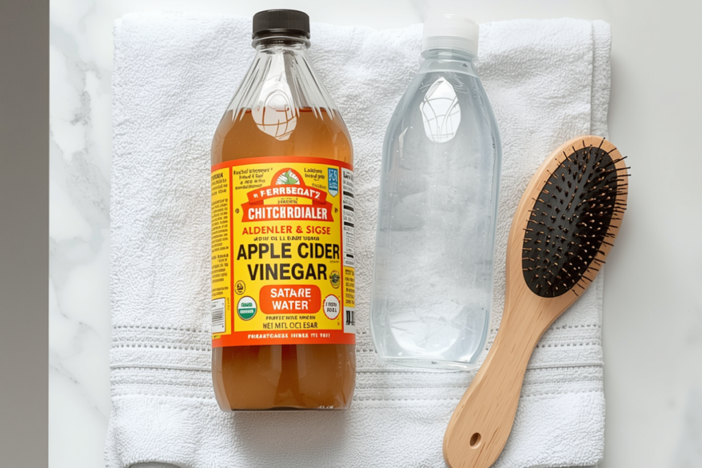 apple cider vinegar bottle and water next to hair brush for scalp care.