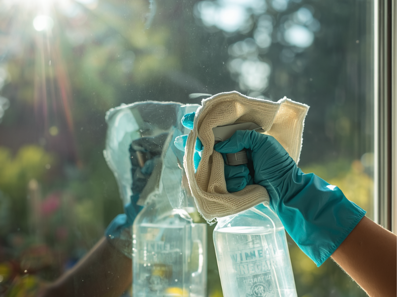 the reflection of a spray bottle of vinegar, rubber-gloved hand and microfiber cloth as window being cleaned