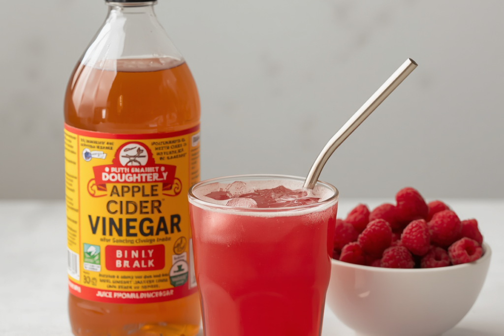 apple cider vinegar on counter with raspberry vinegar shrub in drinking glass with metal straw beside a bowl of raspberries.