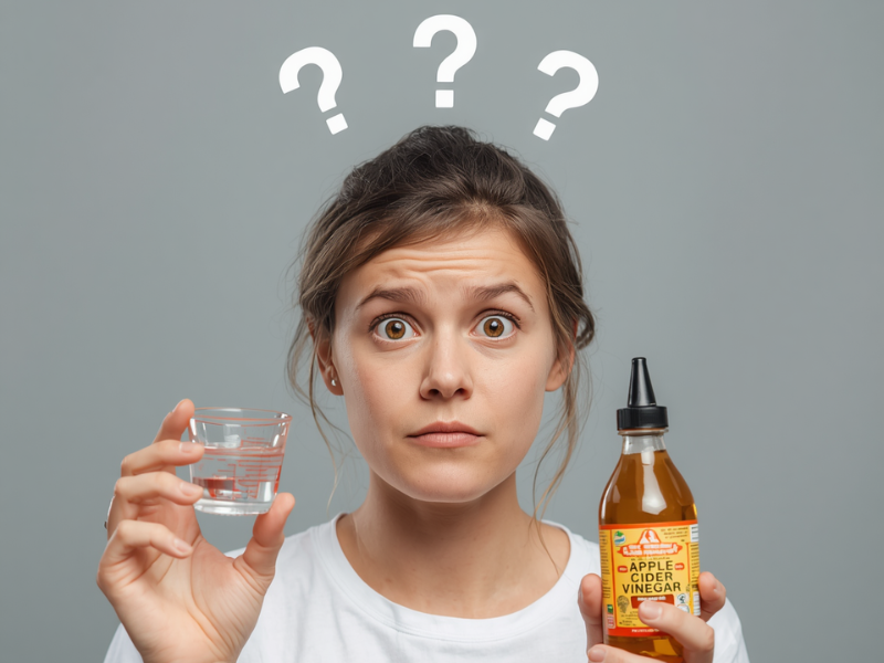 woman holding bottle of apple cider vinegar and a measuring glass with a quizzical look upon her face.