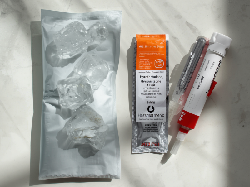Vinegar for Bee Stings and Bites: Does It Really Help? ice pack, cortisone tube and epipen as collection for a simple safe kit to soothe bug bites.
